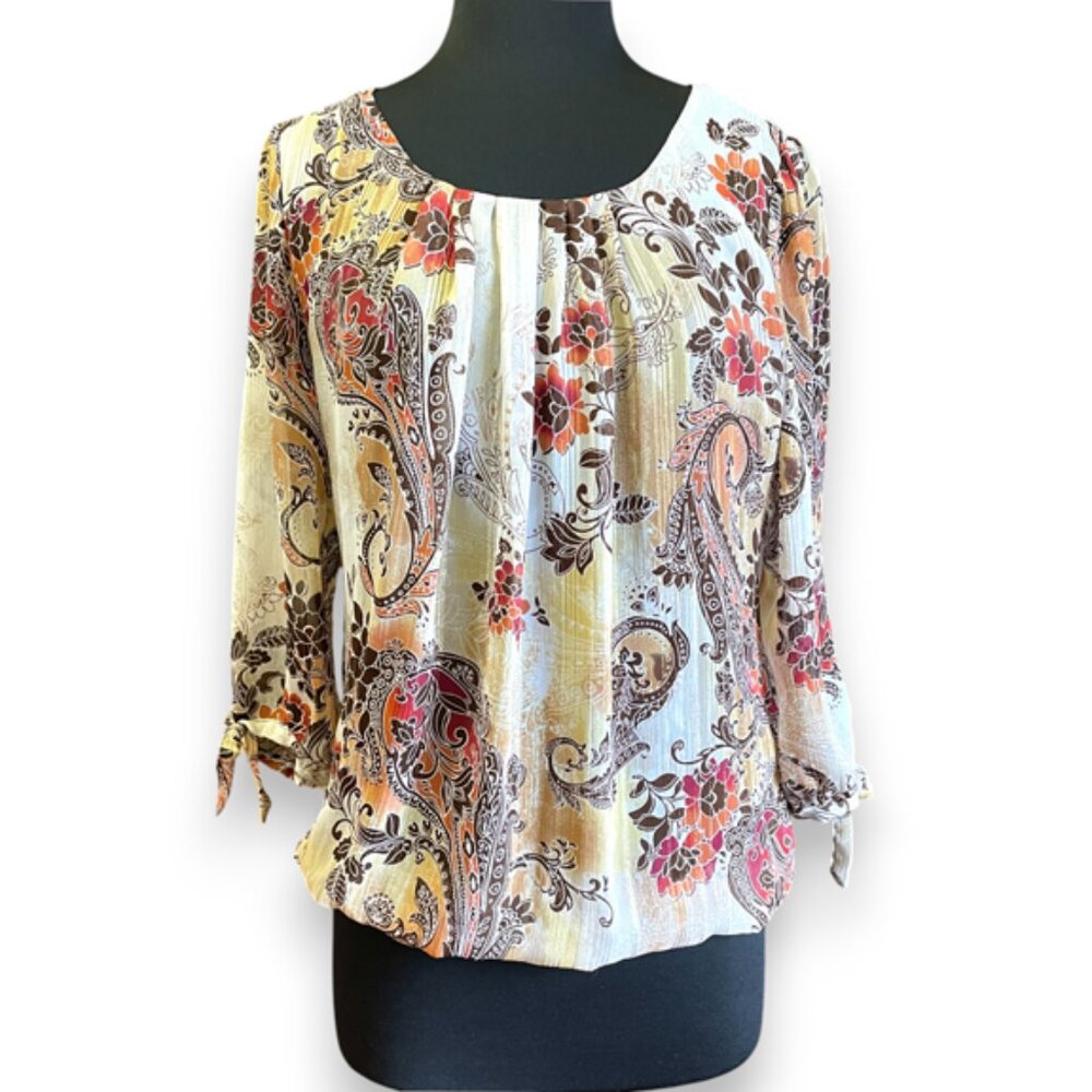 Dress Barn Paisley Sparkly Bubble Hem Gold Brown Orange Blouse Large